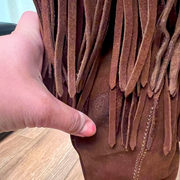 Suede Tan Brown Heel Fringe Boots Boho Western Kitten Heel tall leather - Picture 12 of 12